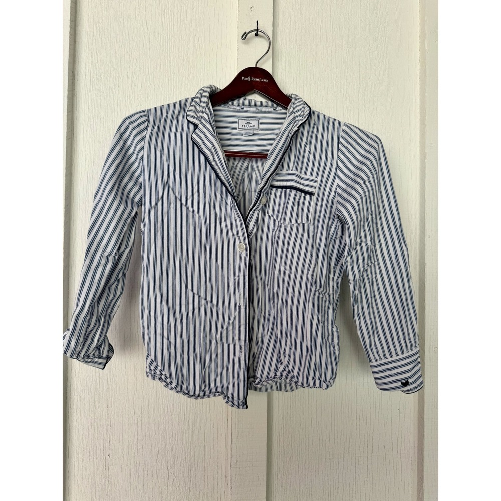 Plume Pajama Set Womens Small Blue White Striped Cotton 2 Piece Sleepwear PJs
